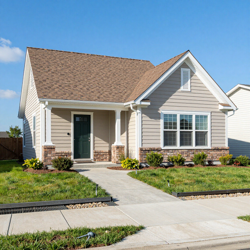 A single-story tan house with a brown shingled roof, a front porch, and a walkway leading to a dark green front door.