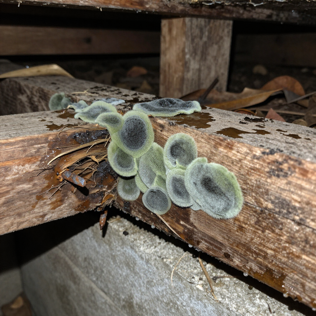 Fuzzy, blue-green fungal growths sprout from a damp, decaying wooden joist in a dark, crawlspace-like environment.