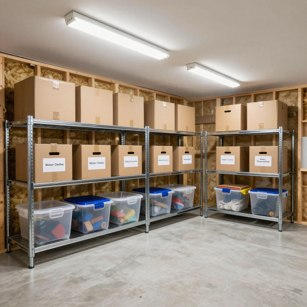 Organized storage area with cardboard boxes and clear plastic bins on metal shelving against an unfinished wall.