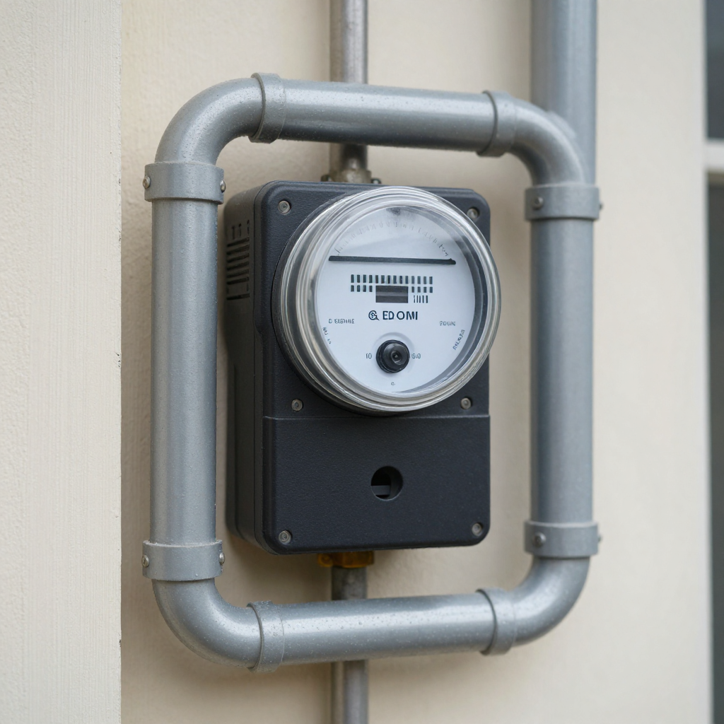 A wall-mounted gray electric meter enclosed in a gray metal pipe frame on a light-colored wall.