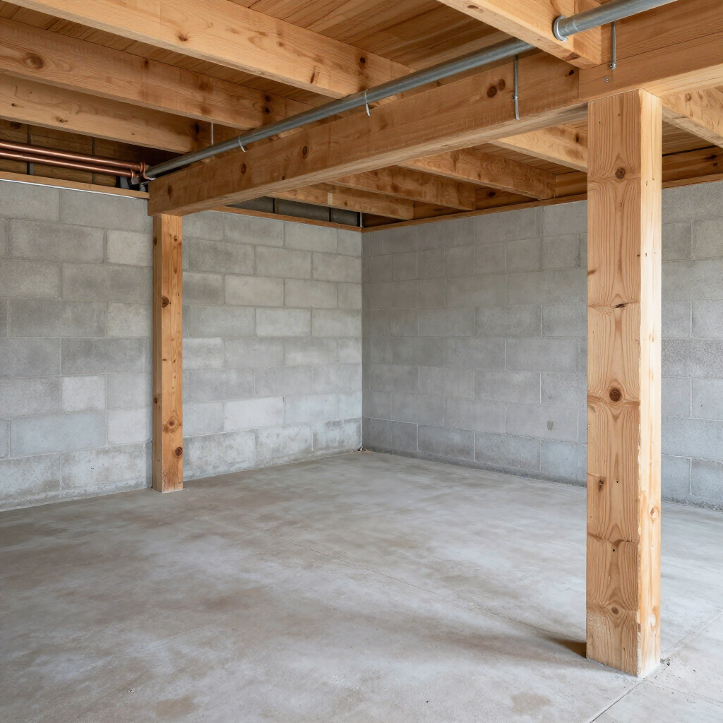 An unfinished basement with gray concrete block walls, a concrete floor, and exposed wooden support beams and ceiling.