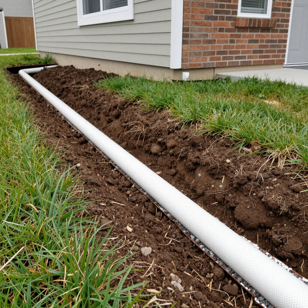 A white PVC drainage pipe runs through an open trench along the side of a residential house with brick and siding walls.