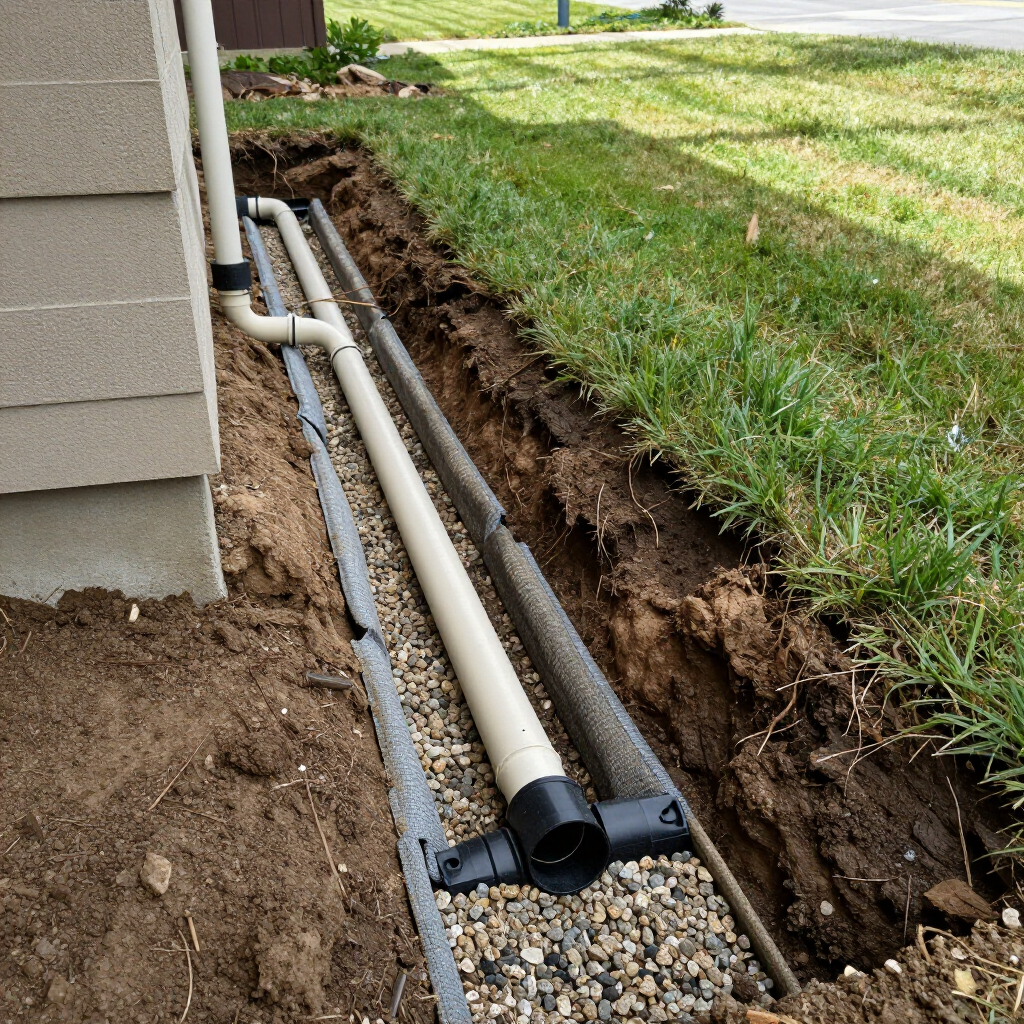 A tan downspout pipe connects to a horizontal drainage pipe laid in a gravel-filled trench next to a house foundation.