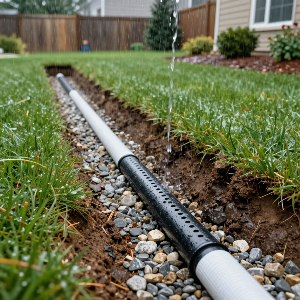A perforated black drainage pipe lying in a gravel-filled trench in a grassy backyard with water spraying from above.