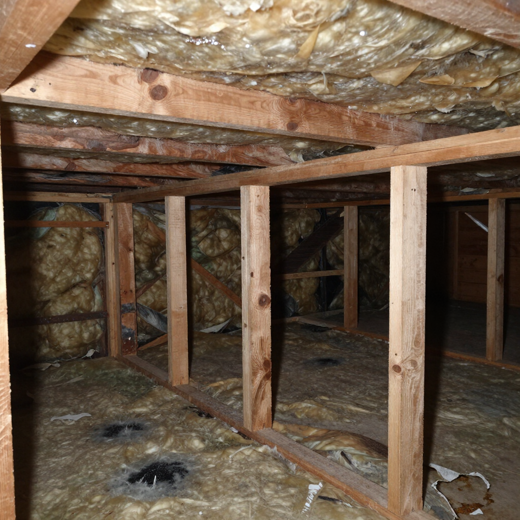 An unfinished crawl space with wooden framing, yellow fiberglass insulation between beams, and dark circular floor holes. An unfinished crawl space with wooden framing, yellow fiberglass insulation between beams, and dark circular floor holes.
