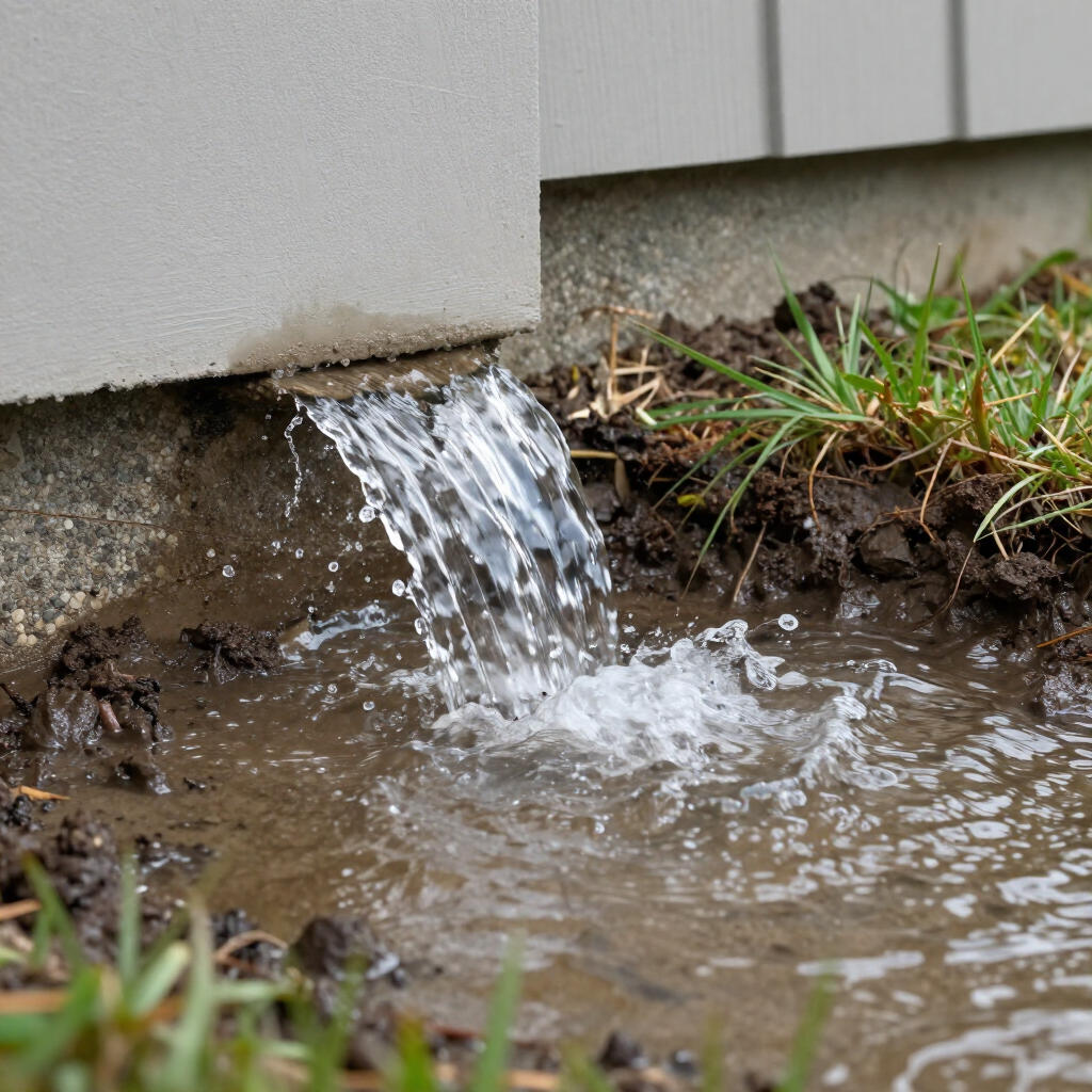 Water flows from a house foundation vent into a muddy, water-filled depression in the dirt.