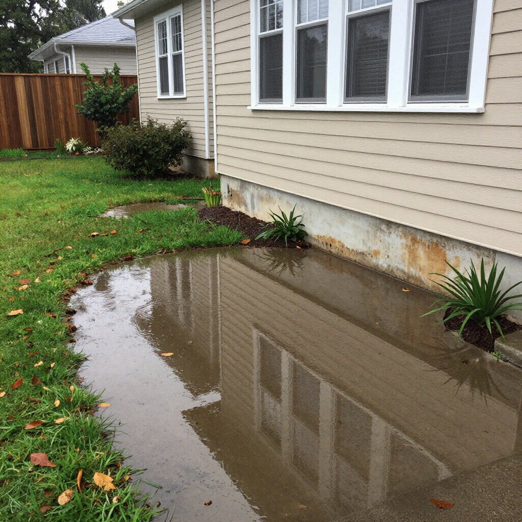 A large puddle of water has pooled against the side of a light-colored house, surrounding small plants in the yard.