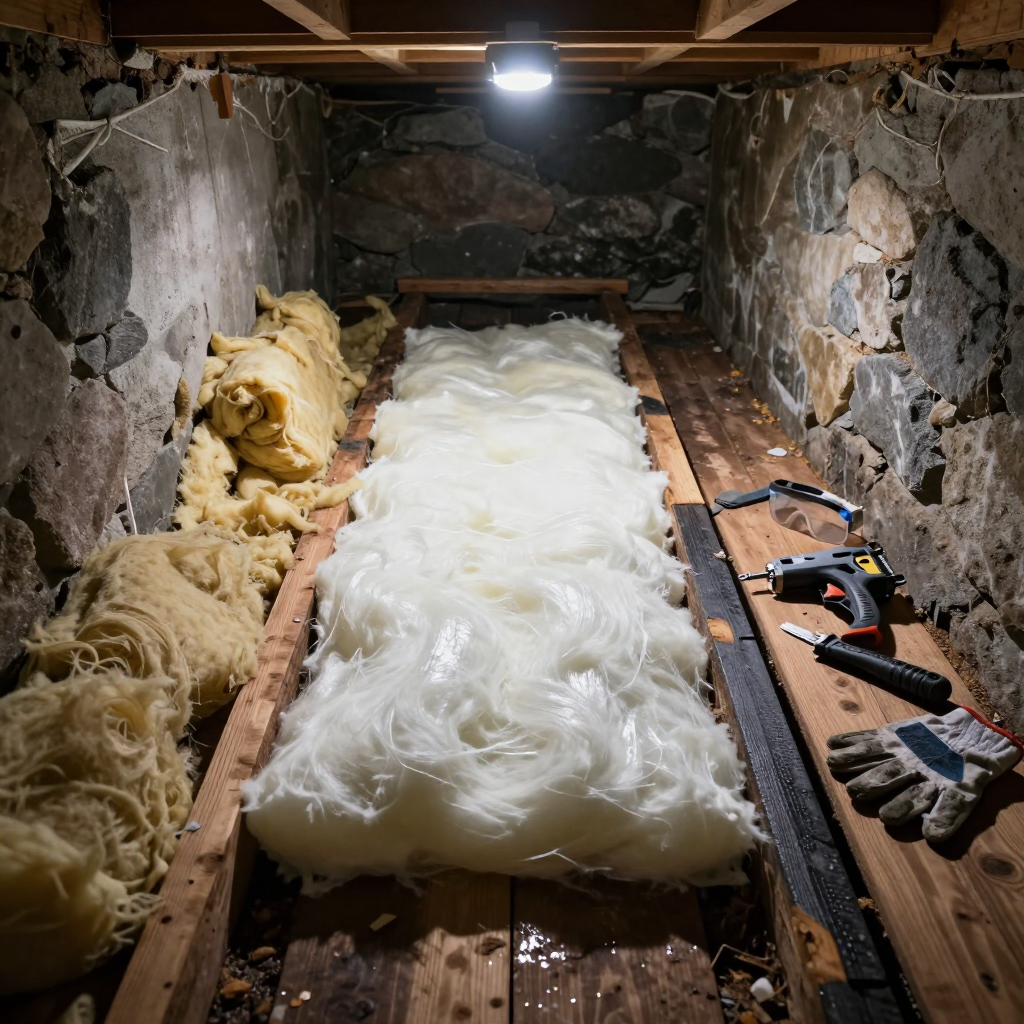 A crawl space with stone walls, where white fiberglass insulation is being installed between wooden floor joists.