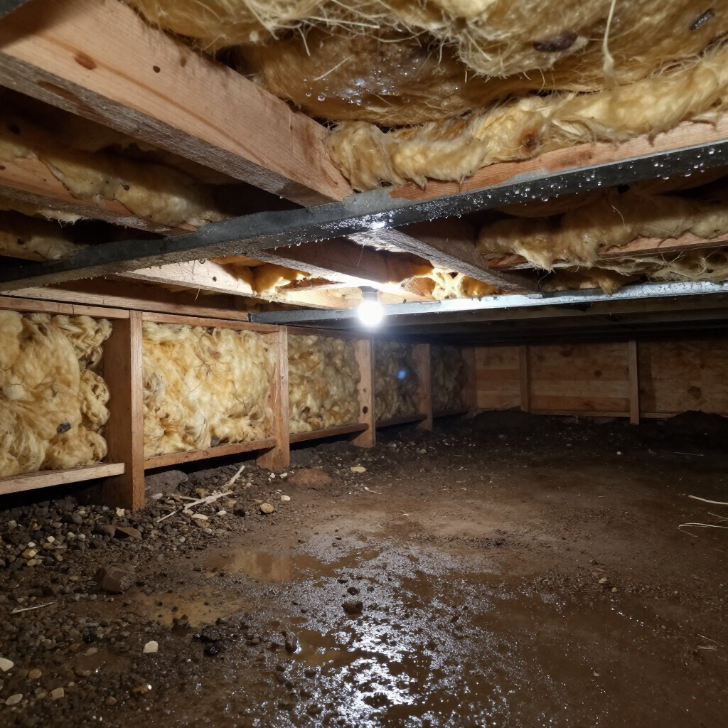 A dark, damp crawl space with wet mud on the ground, fiberglass insulation between joists, and a single light bulb.