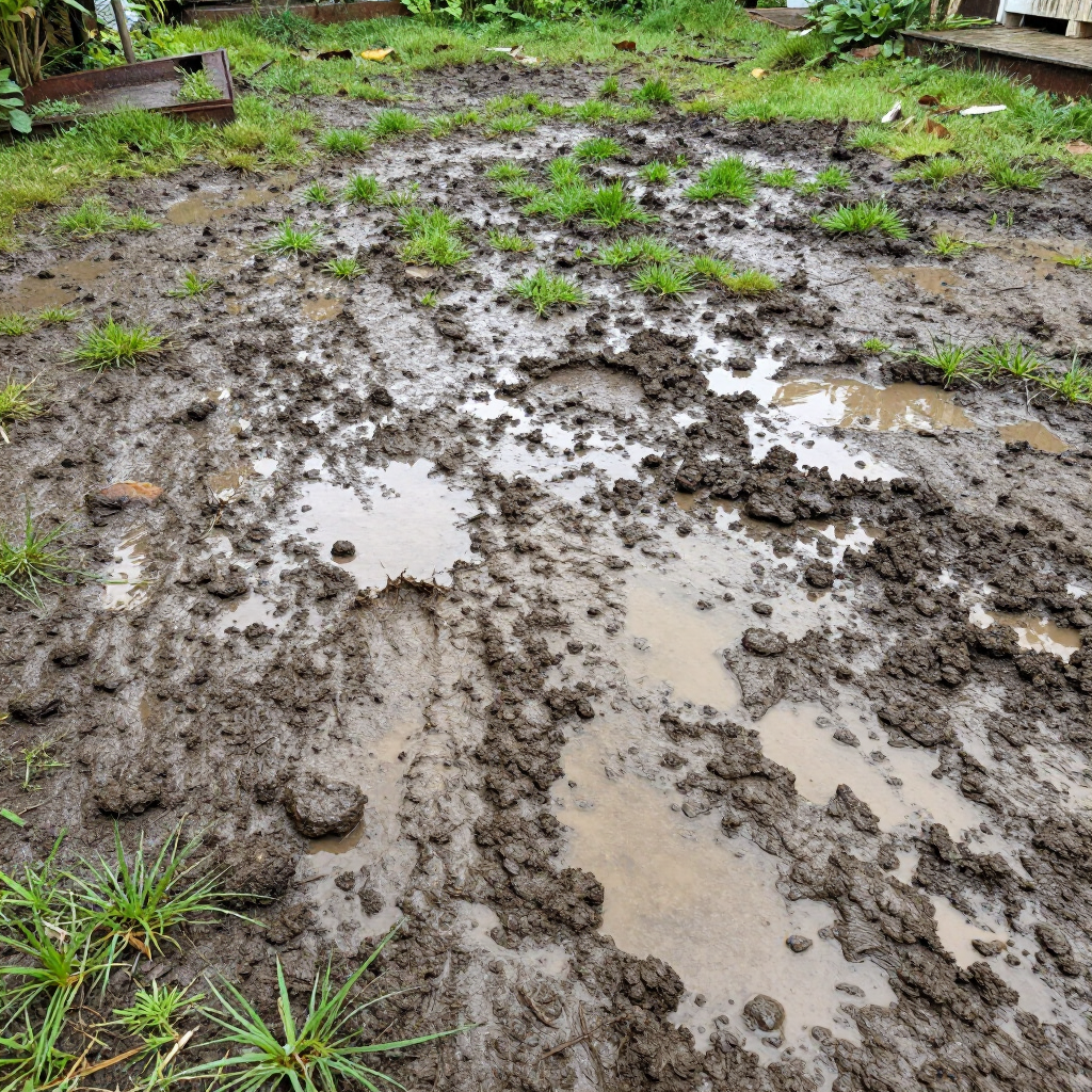 A patch of wet, muddy ground with scattered puddles and small, sparse tufts of green grass.