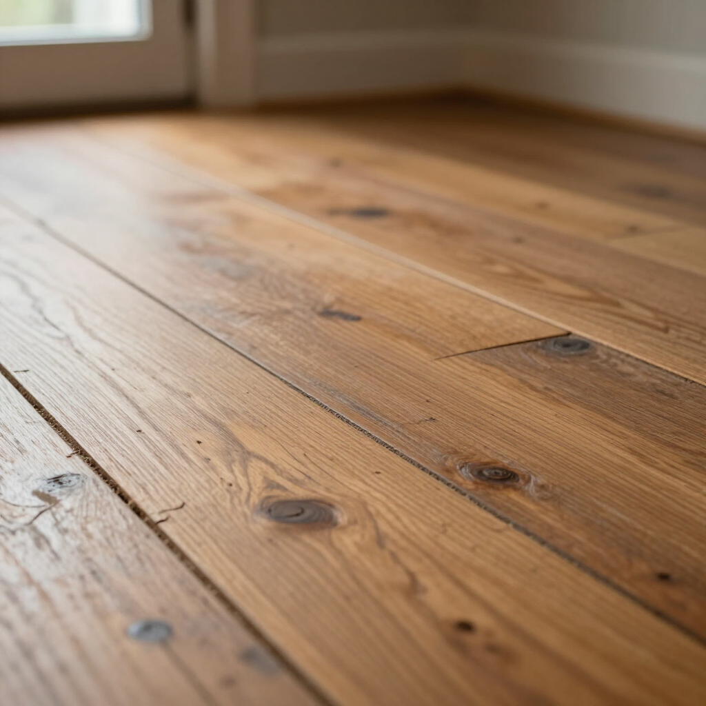 Close-up, low-angle shot of rustic, natural-toned hardwood flooring with visible wood grain and knots.