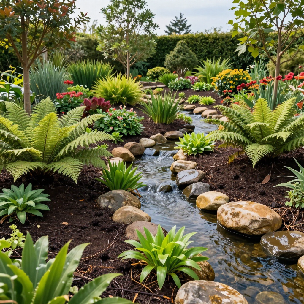 A small stream flows through a lush garden with ferns, rocks, and various green plants against a hedge background.