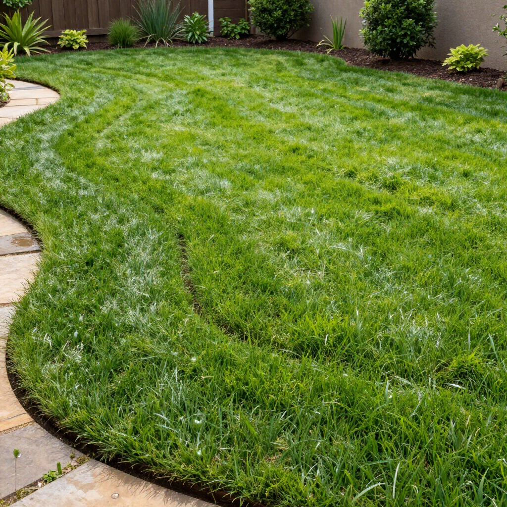 A lush green lawn curves along a stone patio border in a backyard with small shrubs and a wooden fence.
