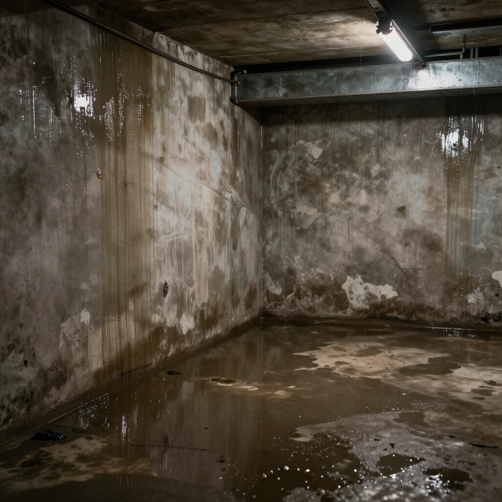 A damp, dimly lit basement with stained concrete walls and standing water covering the floor under a single light fixture.