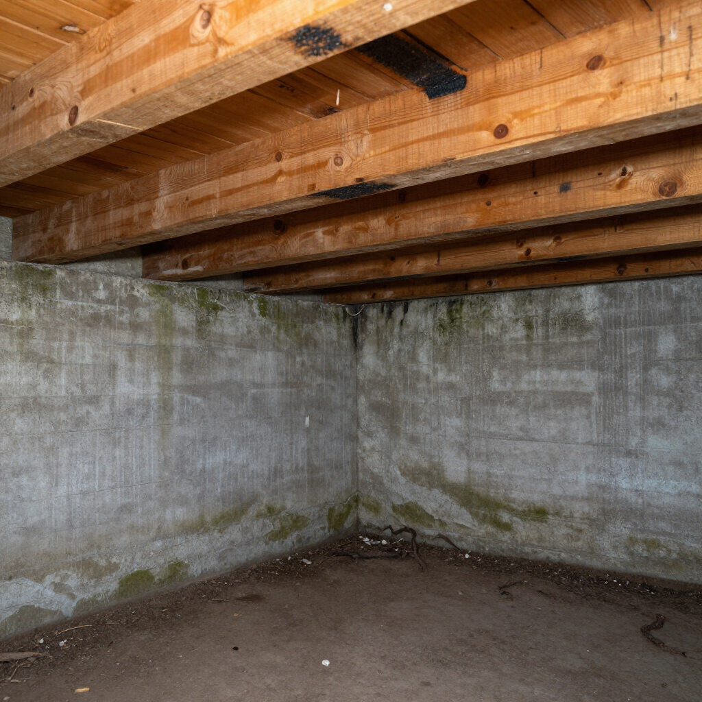 A damp concrete corner in a basement or crawlspace with exposed wooden ceiling joists and dirt flooring.