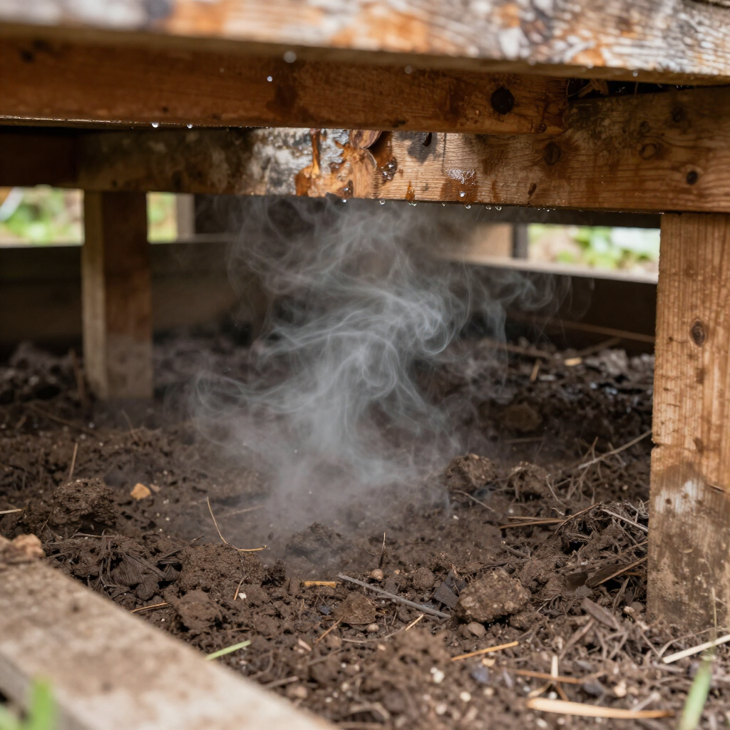 Steam or vapor rises from dark soil beneath a wooden garden structure.