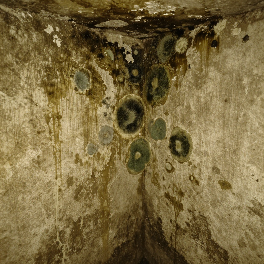 A dark corner of a room with extensive mold growth and moisture damage staining the wall surfaces.