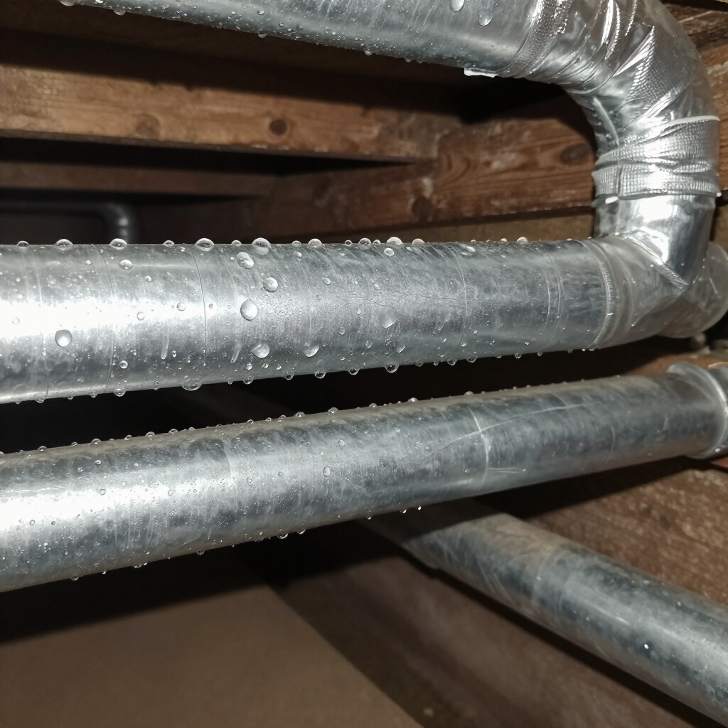 Water droplets condensing on horizontal metal pipes in a crawl space or basement with wooden ceiling beams. Water droplets condensing on horizontal metal pipes in a crawl space or basement with wooden ceiling beams.