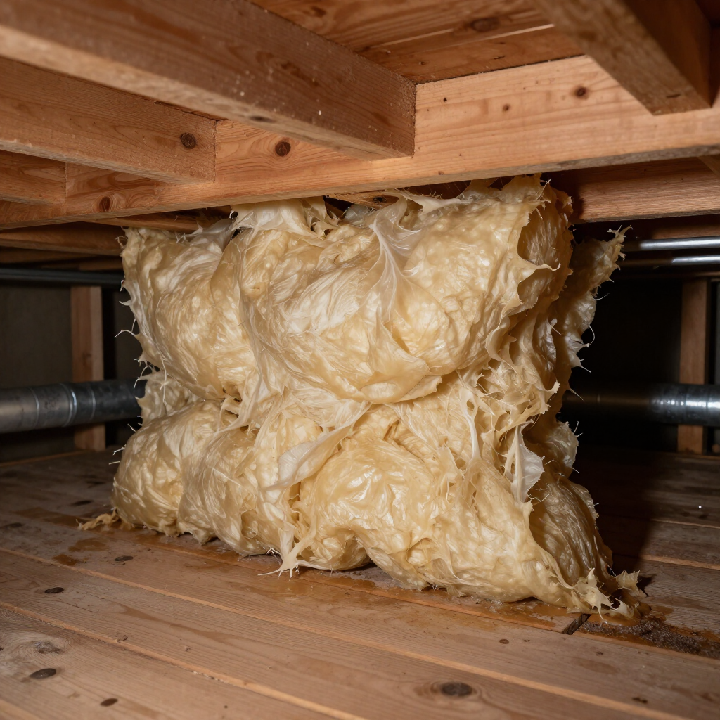 A large, beige mass of hardened spray foam insulation fills the gap between wooden support beams and a floor surface. A large, beige mass of hardened spray foam insulation fills the gap between wooden support beams and a floor surface.