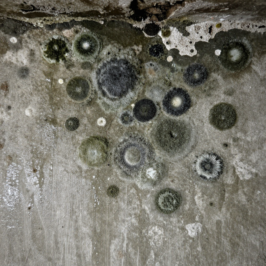 Circular patches of black and green mold growing on a damp, textured gray wall.