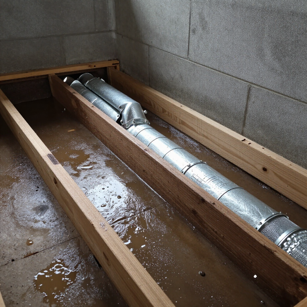 A metal HVAC duct pipe runs through a wood frame on a wet, unfinished concrete floor against concrete block walls.