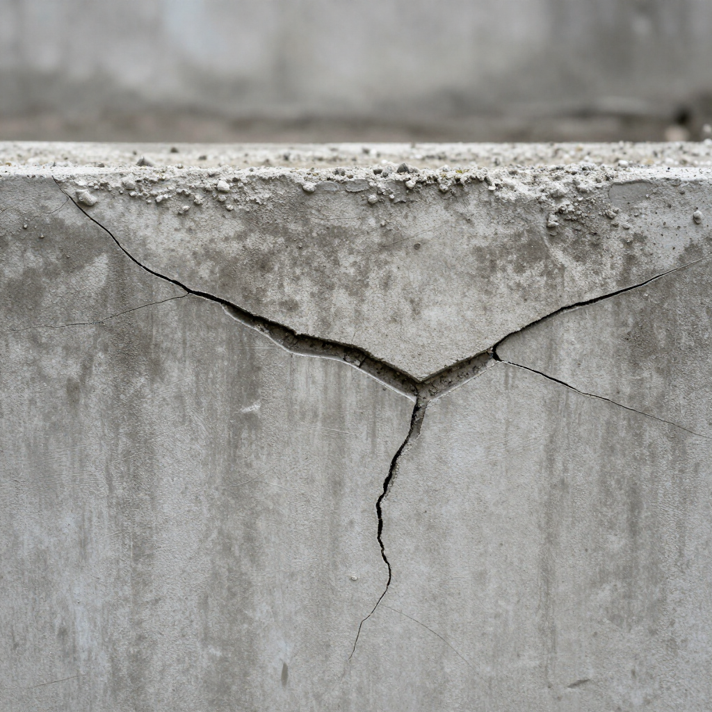 A close-up of a grey concrete wall with a prominent Y-shaped crack near the top edge.