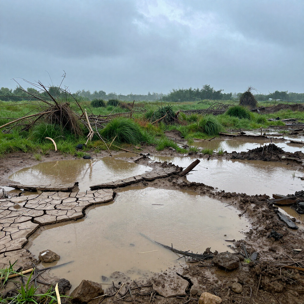 A muddy, rural landscape under a cloudy sky, featuring cracked earth, scattered wood debris, and pools of murky water.