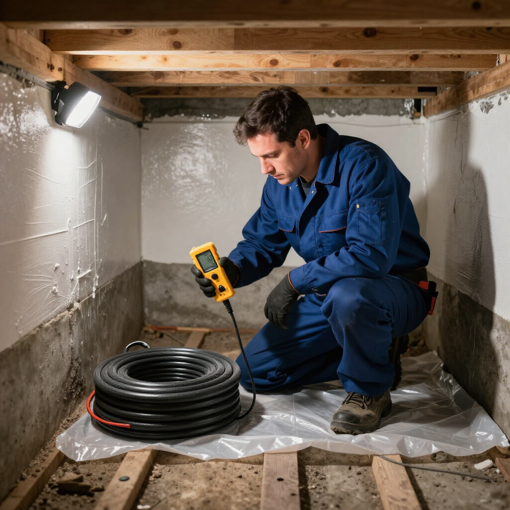 A worker in blue coveralls kneels in a crawl space, inspecting a coiled hose using a yellow handheld device.