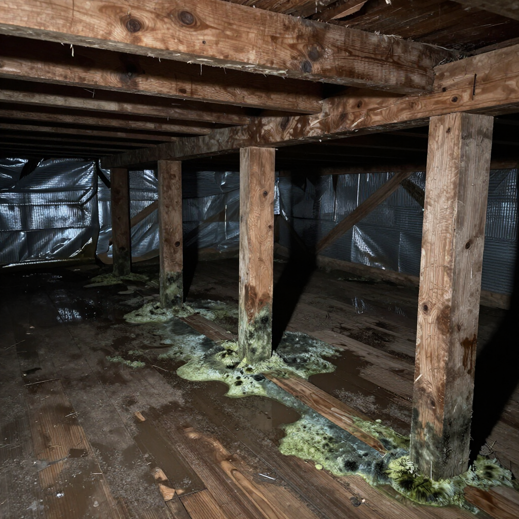 A dark crawlspace with wooden support beams sitting in patches of greenish mold and standing water on a wood floor.