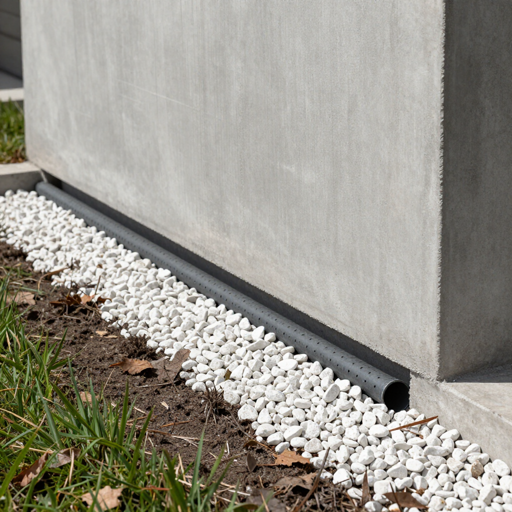 A perforated black drain pipe runs along the base of a concrete wall, surrounded by white gravel and patches of grass.