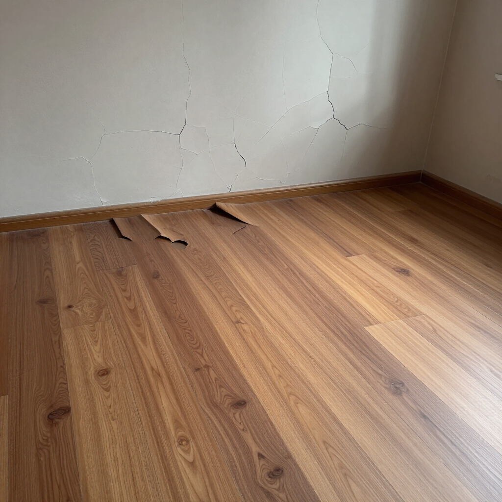 A room with wood-look flooring peeling away from the baseboard and visible cracks spreading across the white wall.