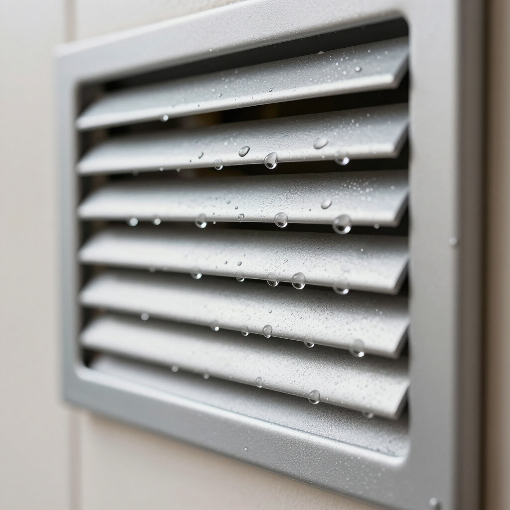 A close-up of a silver, rectangular exterior wall vent with horizontal louvers, covered in scattered raindrops.