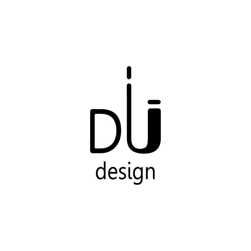 Um logotipo preto e branco para du design em um fundo branco.