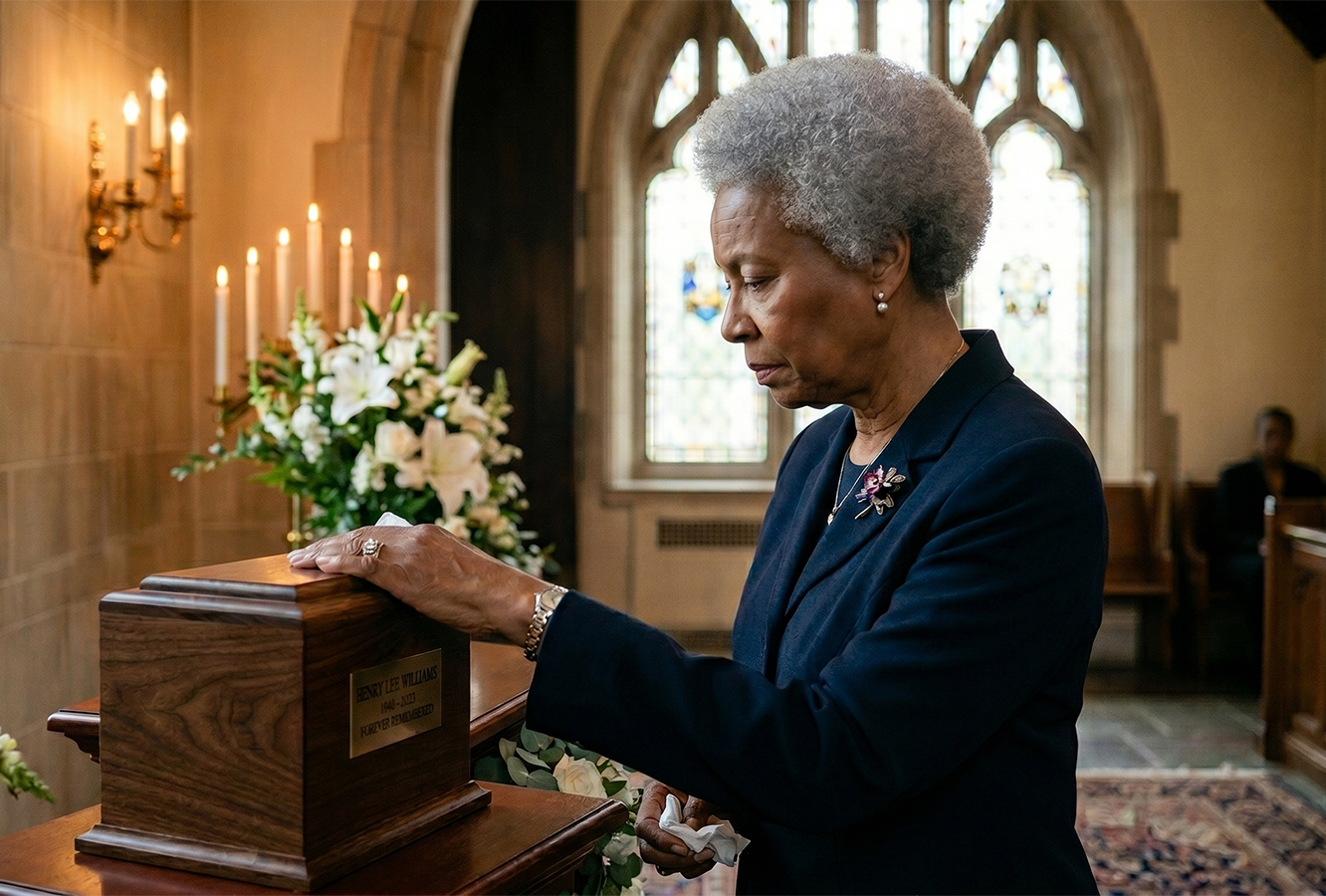 Woman placing flowers on a wooden memorial box in a candlelit church aisle