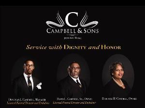Campbell & Sons funeral service ad with three portrait photos and the slogan “Service with Dignity and Honor”