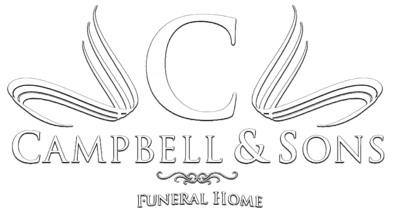 Campbell & Sons Funeral Home logo with stylized C and wings in gray on white background