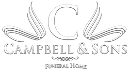 Campbell & Sons Funeral Home logo with stylized C and wings in gray on white background
