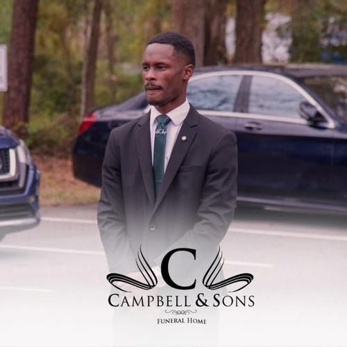 Man in a black suit with green tie standing outdoors beside a black car, with Campbell & Sons Funeral Homes logo below