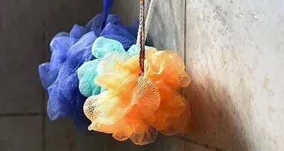 Two bath sponges are hanging on a hook in a shower.
