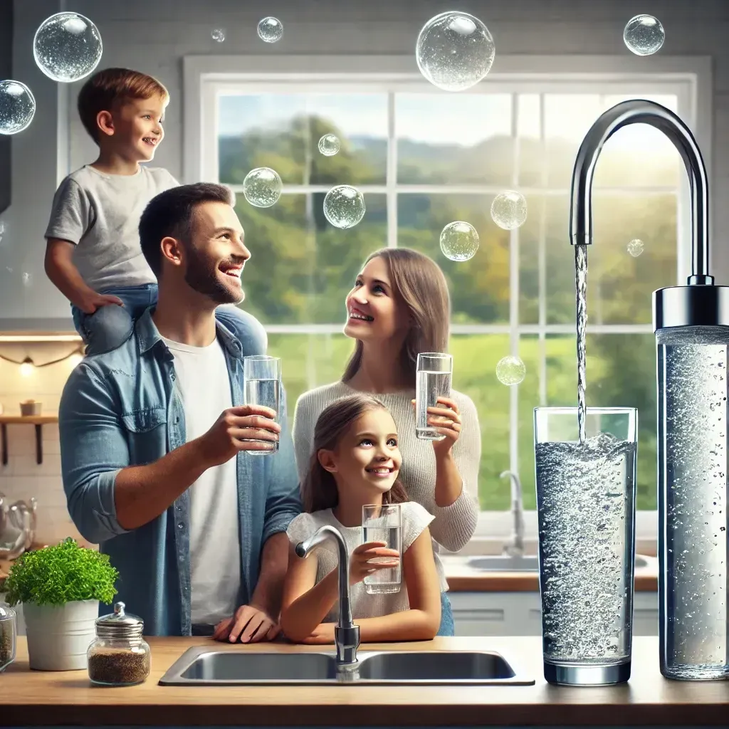 Family drinking clean, purified water with bubbles, symbolizing fresh, filtered water.