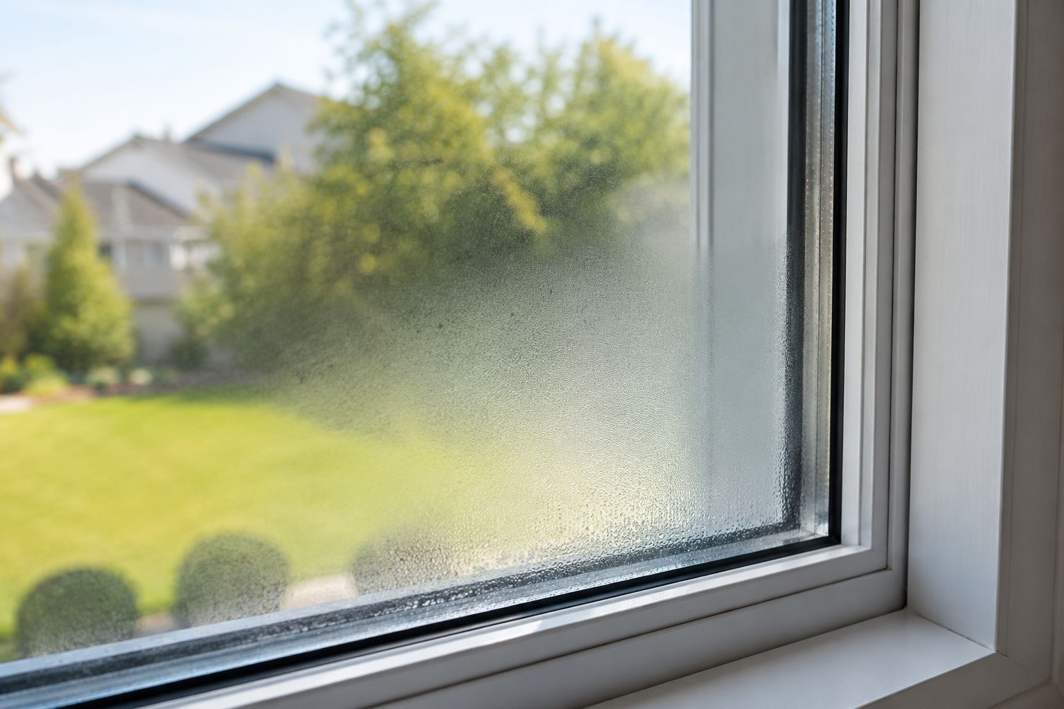 Fogged window overlooking a sunny suburban yard