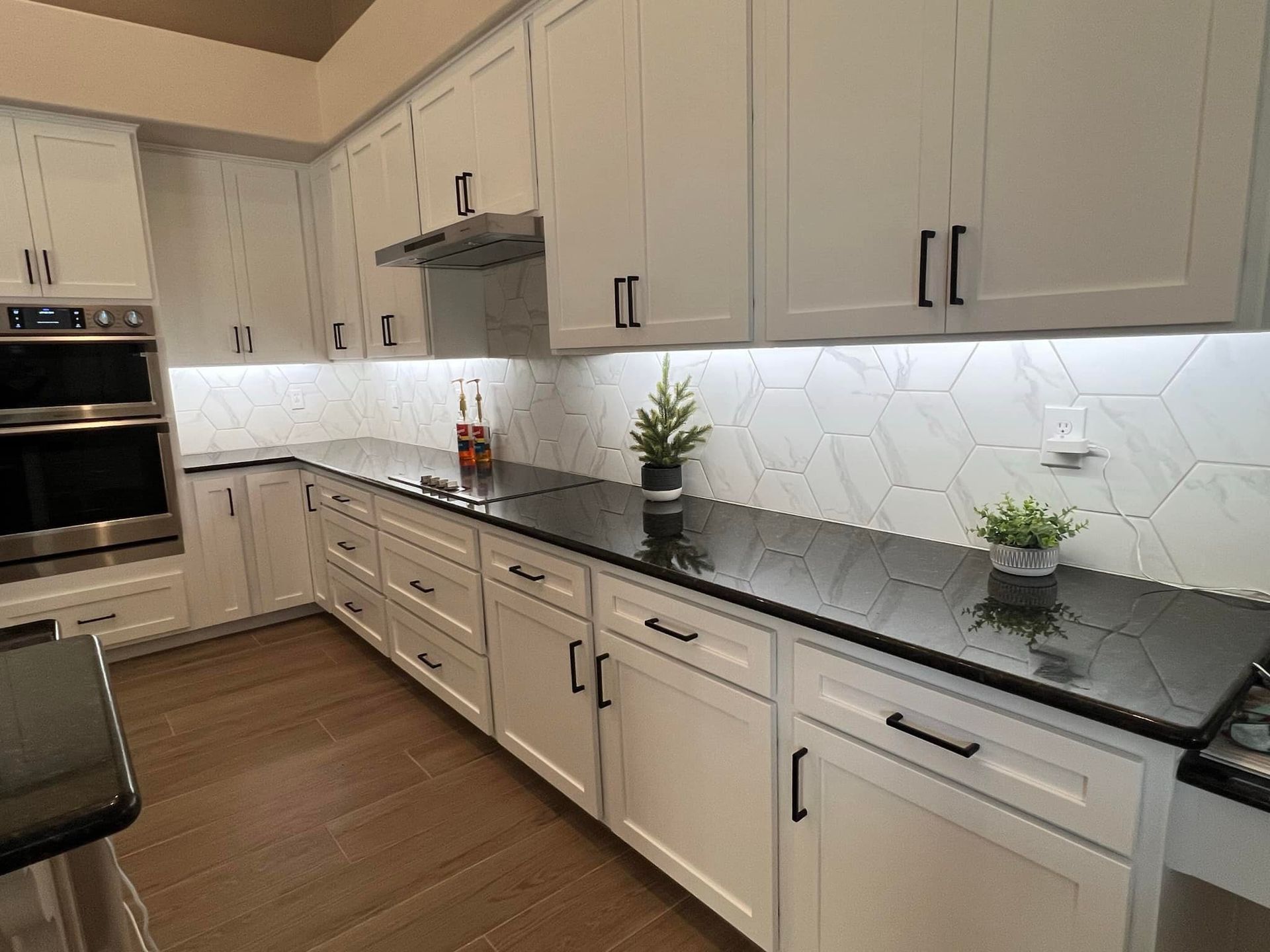 Modern white kitchen with black countertops, stainless appliances, and small potted plants on the counter