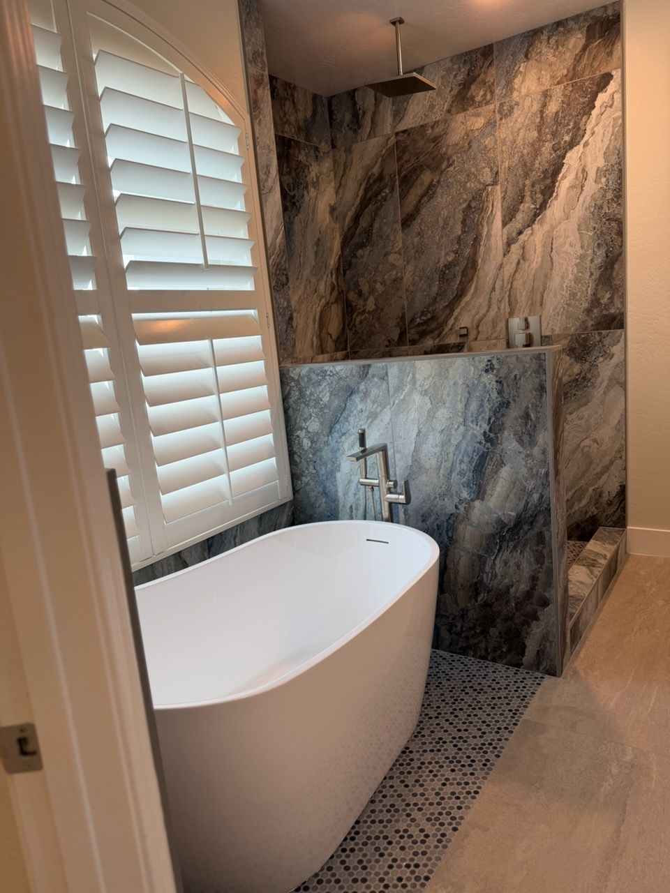 Walk in shower in Peoria, AZ with freestanding tub, floor mount tub f