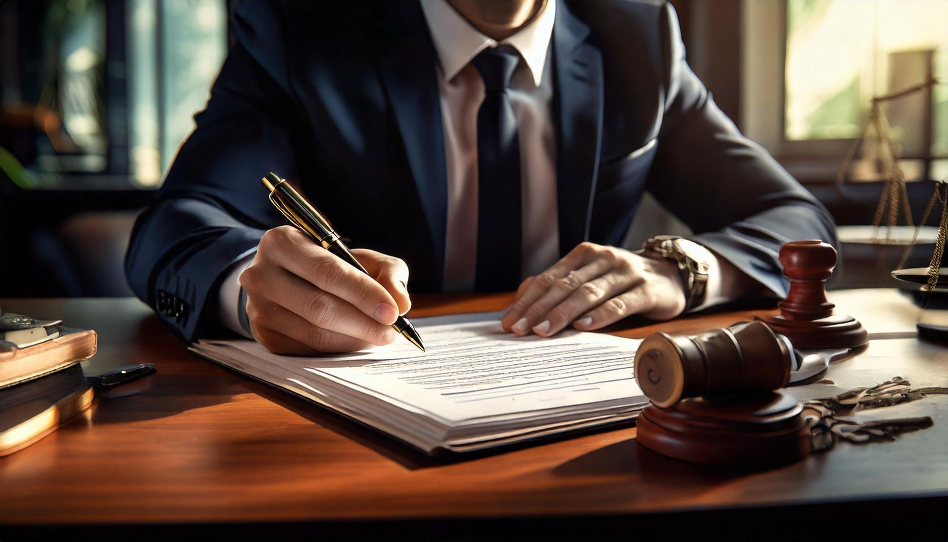 Um homem de terno e gravata está sentado em uma mesa escrevendo em um caderno.