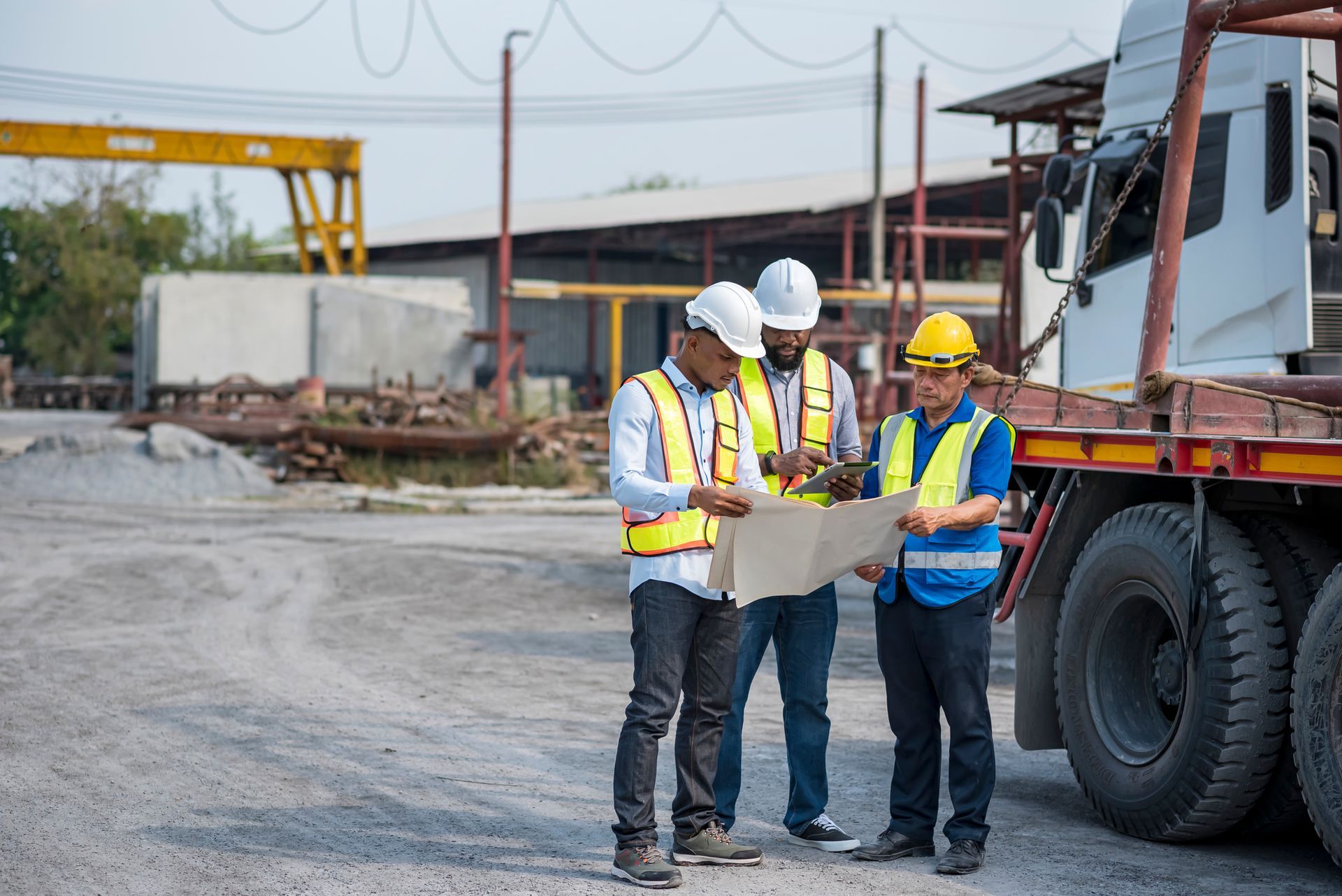 Three construction workers in hard hats and vests review blueprints near a truck.