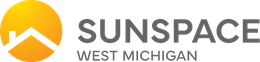 Logo: Yellow sun with house outline, "SUNSPACE" and "WEST MICHIGAN" in gray.