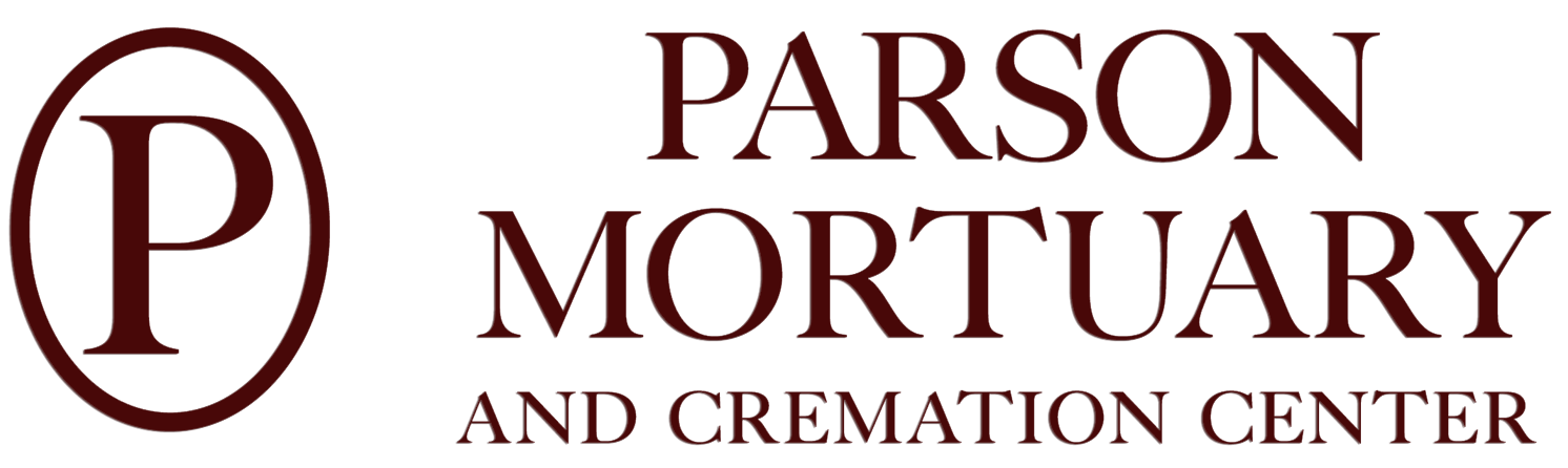 Parson Mortuary and Cremation Center logo with maroon text and circular &ldquo;P&rdquo; emblem