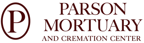 Parson Mortuary and Cremation Center logo with maroon text and circular &ldquo;P&rdquo; emblem