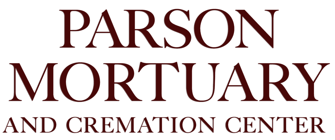 Parson Mortuary and Cremation Center logo in maroon text on a white background