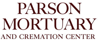 Parson Mortuary and Cremation Center logo in maroon text on a white background